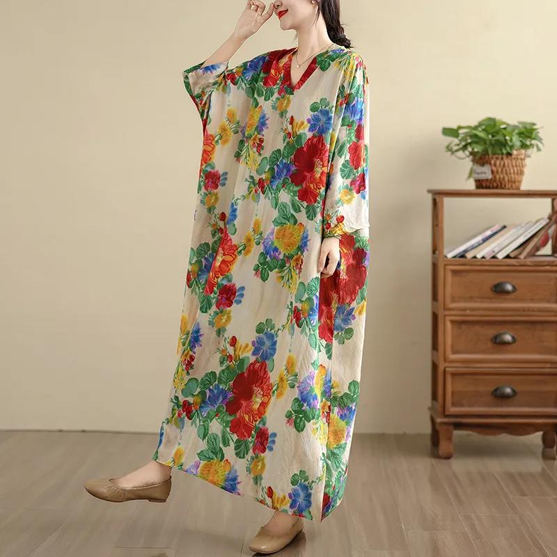 

Женское макси-платье с цветочным принтом, рукава летучая мышь, свободный крой, повседневный кафтан OneSize