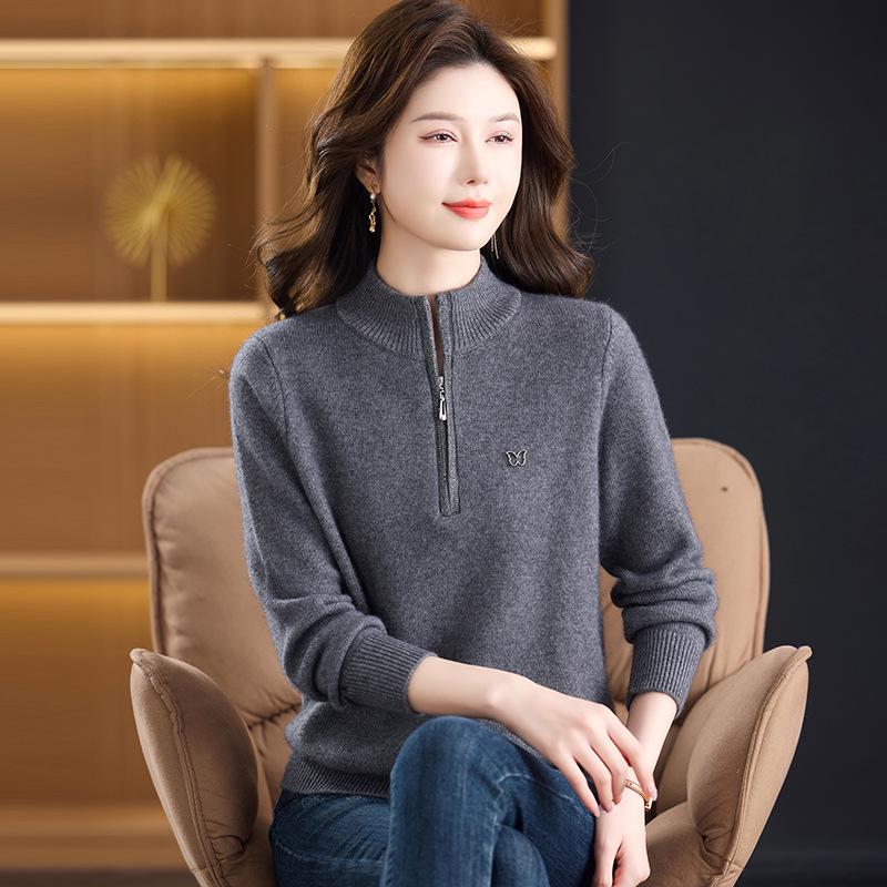 Women's Pure Wool Half-Zip Sweater - Stylish Winter Base Layer for Middle-Aged and Elderly