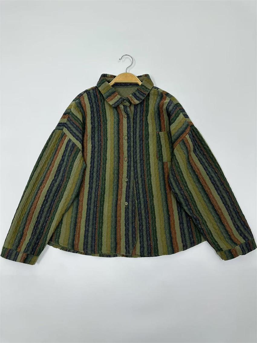 

Johnature Весна Осень Женская Винтажная Полосатая Однобортная Длинная Рукавная Повседневная Рубашка Женский Топ One Size зелёный