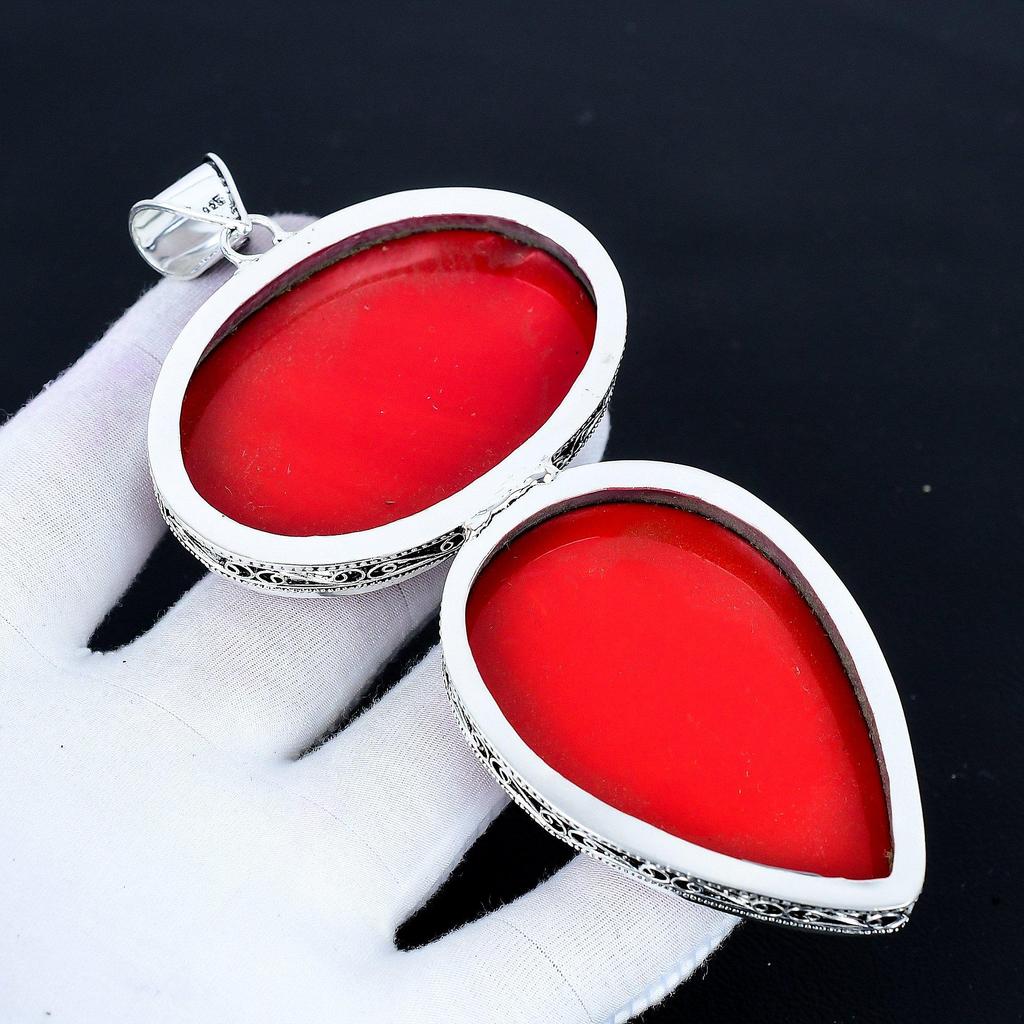 Pendentif Corail Rouge, Bijou Fait Main en Argent Sterling 925, Pendentif Argent Corail Rouge, Bijou de Soirée Pour Femmes, Cadeau Pendentif Saint-Valentin