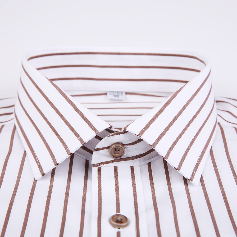 Enshe Men's Long Sleeve Dress Shirt, Slim Fit, Striped, No-Iron, Workwear, All Seasons, Shape Memory, ESA1-817 (Size 39, Brown)