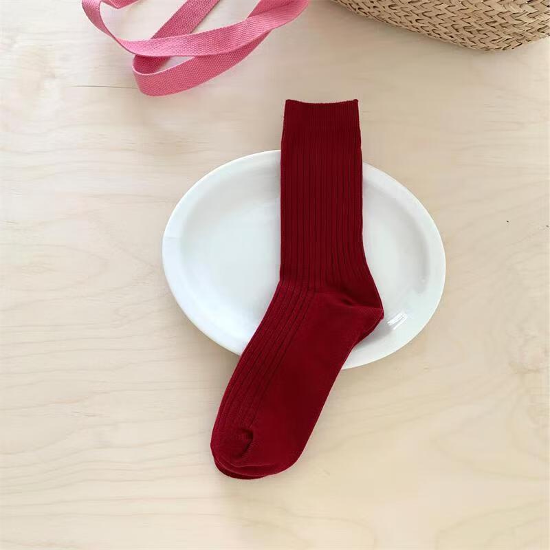 Angora Red Korean Style Vertical Stripe Mid-Calf Socks - 5 Pairs