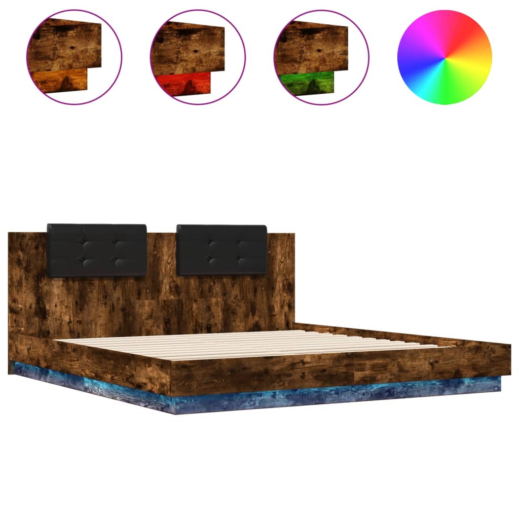 Bed Frame with Headboard & LED Lights Smoked Oak 200x200 Cm