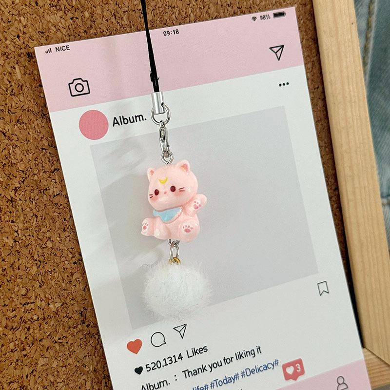 Cartoon Kitten Plush Ball Keychain Anti Lost Phone Charm Pendant Cellphone Chain Phone Lanyard Strap Women Girls