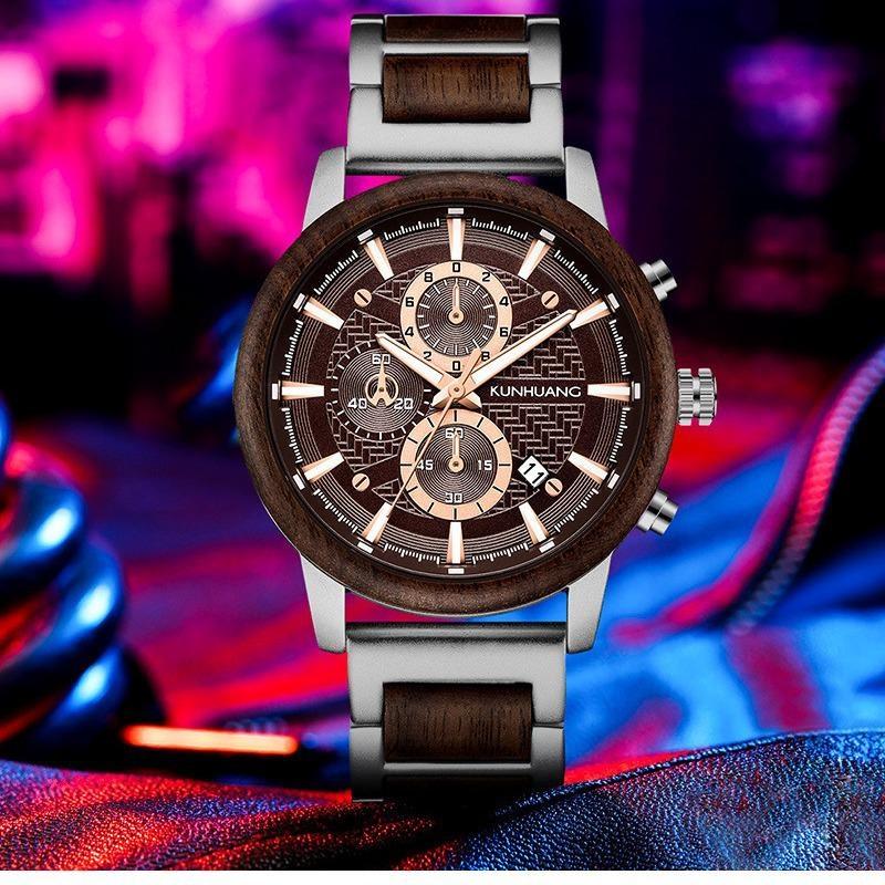 Wood Watches Luxury Luminous Multi-function Wooden Men's Chronograph Quartz Retro Watch Fashion Sport Timepieces