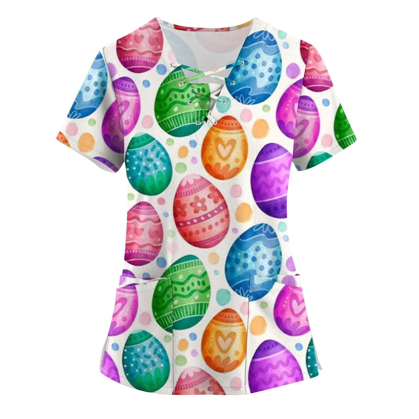 

Женская мода с коротким рукавом и v-образным вырезом на шнуровке с пасхальным принтом и карманным рабочим топом XL разноцветный