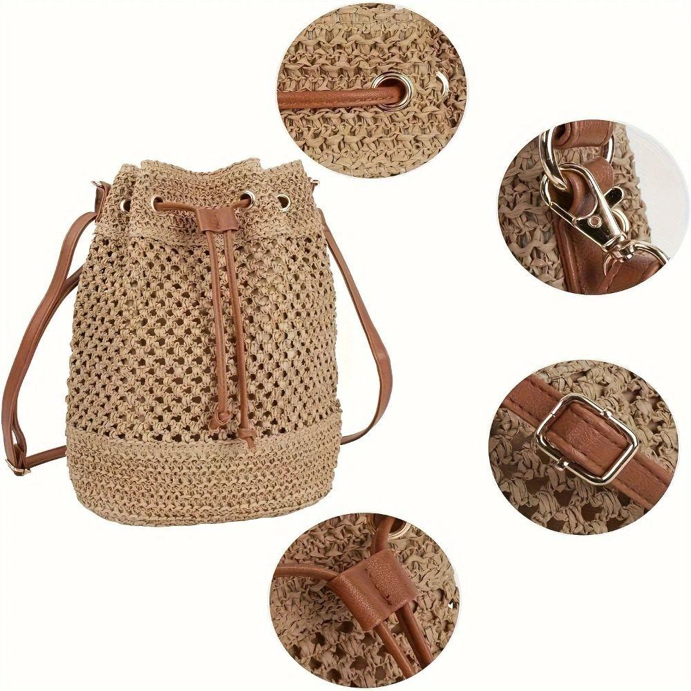 Häkel-Crossbody-Tasche mit Kordelzug Große Kapazität Gewebte Tragetasche Trendige Stroh-Eimertasche Damen