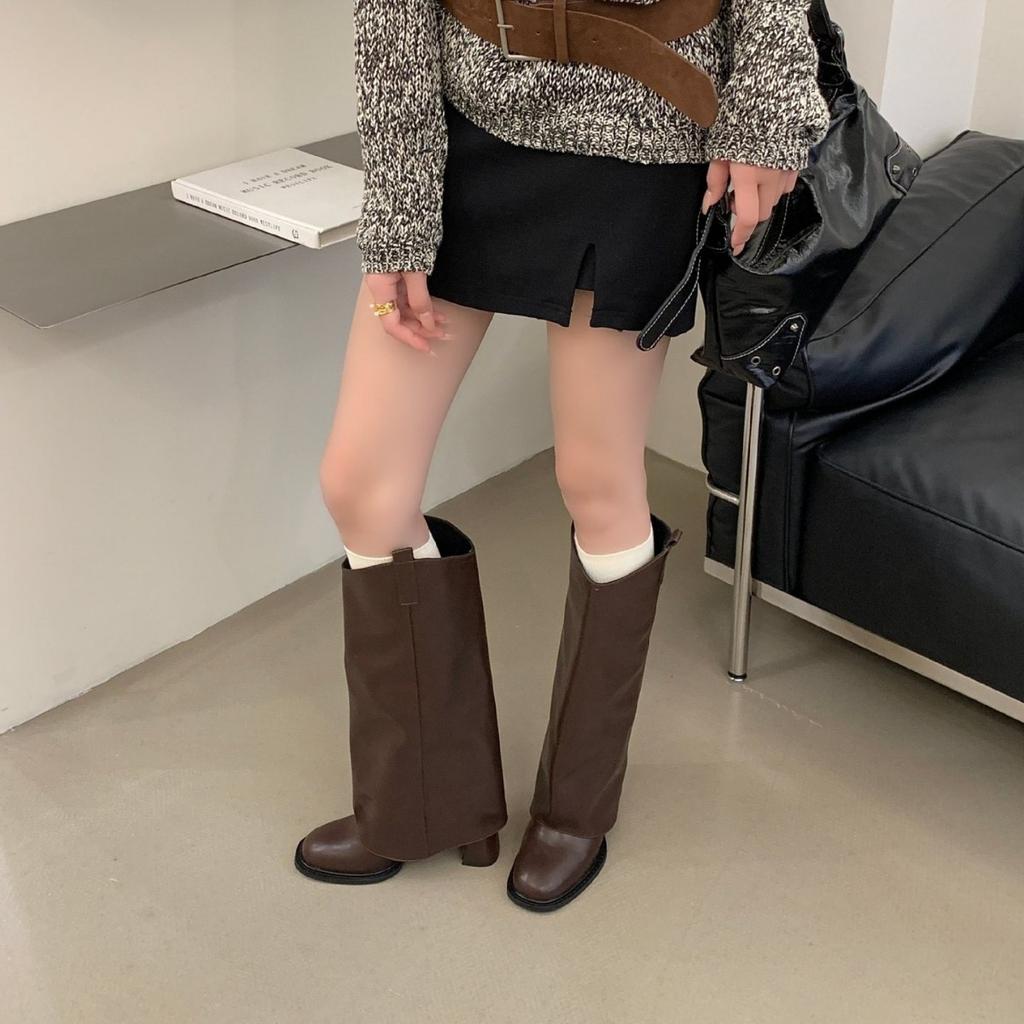 Brown retro thick-heeled short boots children's autumn new small square-headed knight boots