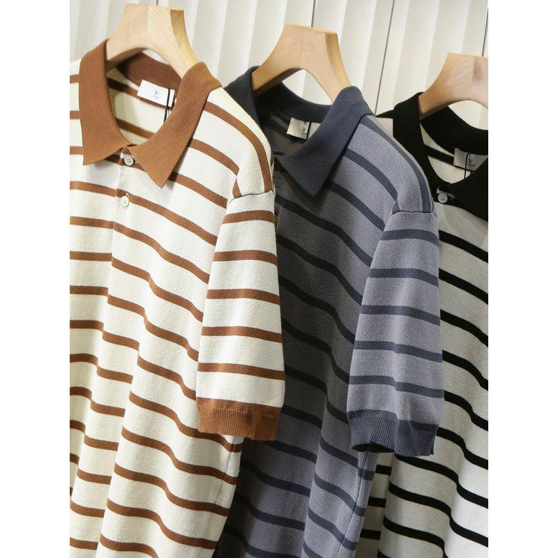 Cool Feeling Silk Light 389 + Foreign Trade Tail Goods Men's Summer Retro Lapel Striped Knitted Short Sleeve Polo Shirt