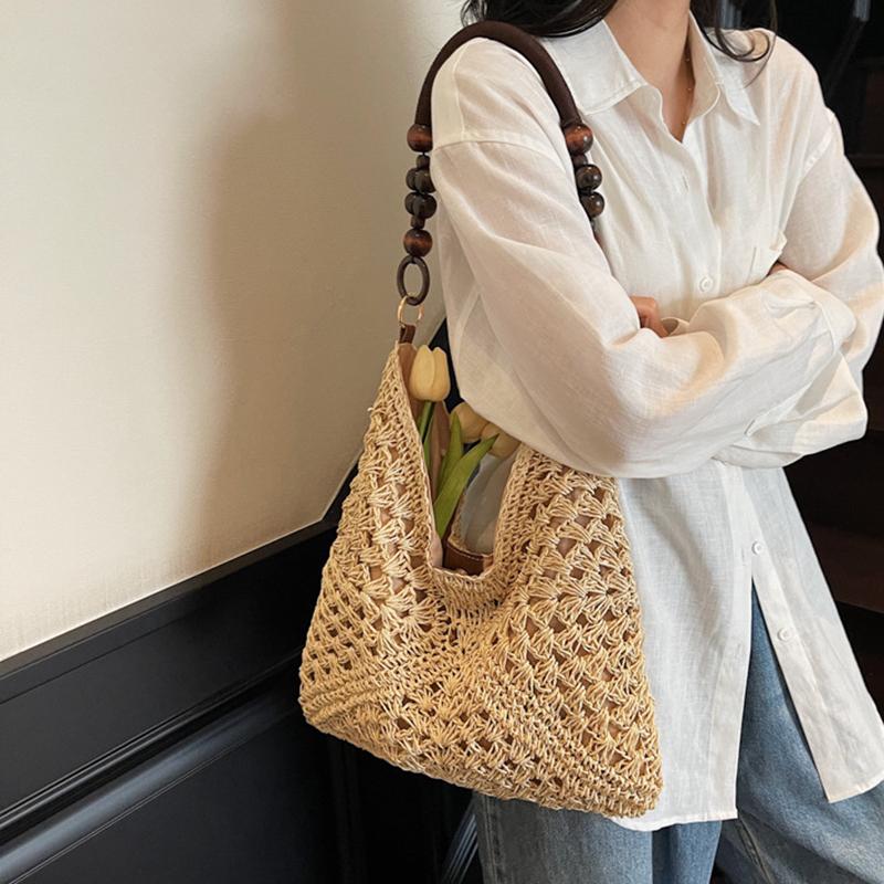 Yogodlns Trendy Hollow Out Straw Woven Bag Beach Handbag Large Capacity Bohemian Beach Bag Bucket Bag Tote Bag Hollow Shoulder Bag Travel