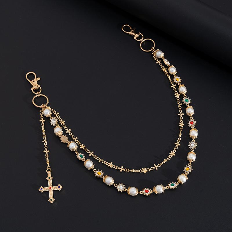 Exquisite Luxury Cross Pendant Imitation Pearl Pants Chain For Men Punk Trousers Chain Hip Hop Jeans Chain Clothing Accessories