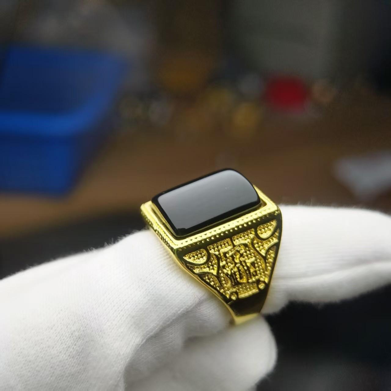 European & American Fashion Men s Green Agate Gold Rhombus Ring Adjustable