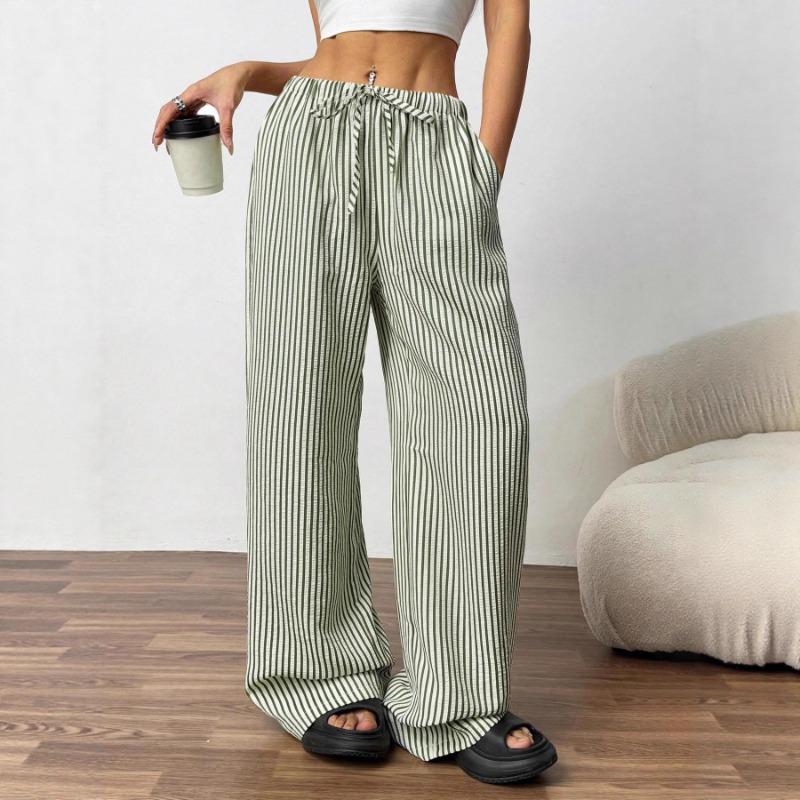 Women Color Block Striped High Waist Loose Wide Leg Casual Long Pants S зелёный