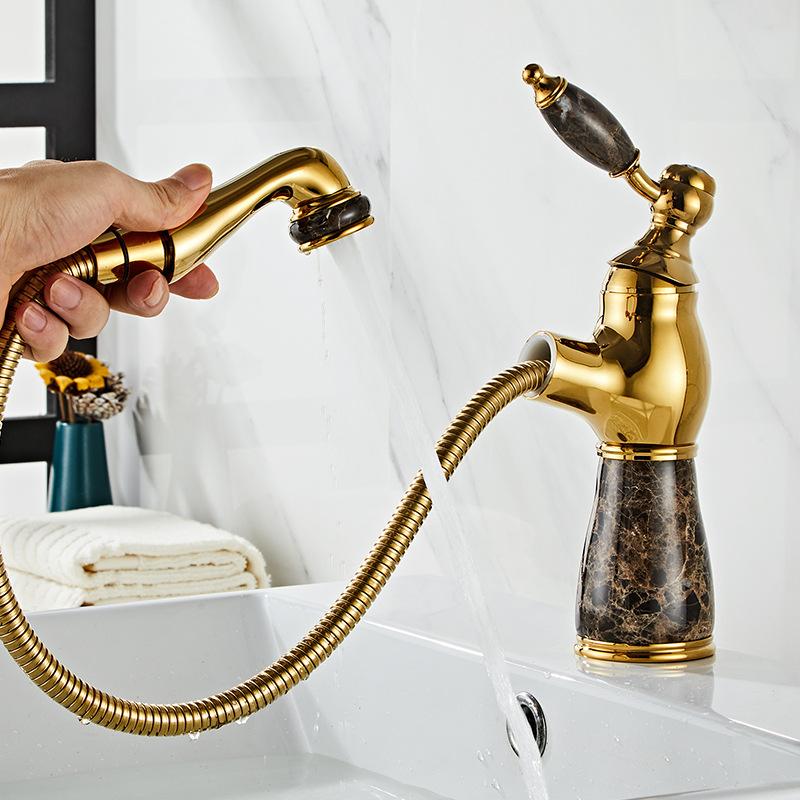 Rose Gold Bathroom Basin Faucets Jade Washroom Basin Sink Tap Mixer Hot Cold Faucet Pull Out Sink Faucet