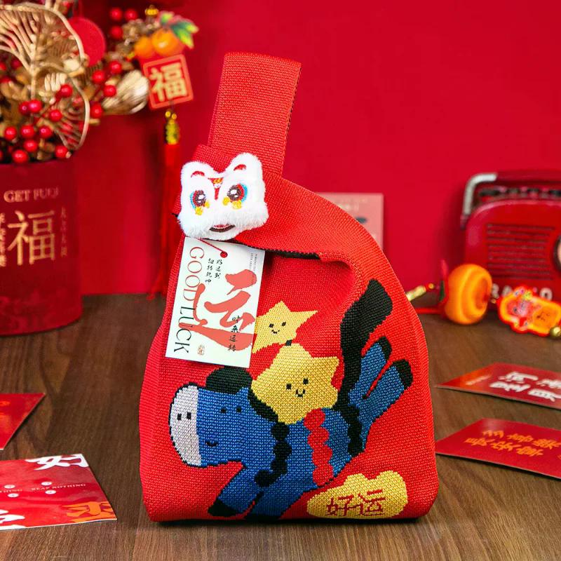 Year Of The Horse Red Knot Wrist Handbag Cartoon Mascot Pony Knitted Candy Tote Bag Reusable Shopping Bag Gift Packaging Bag