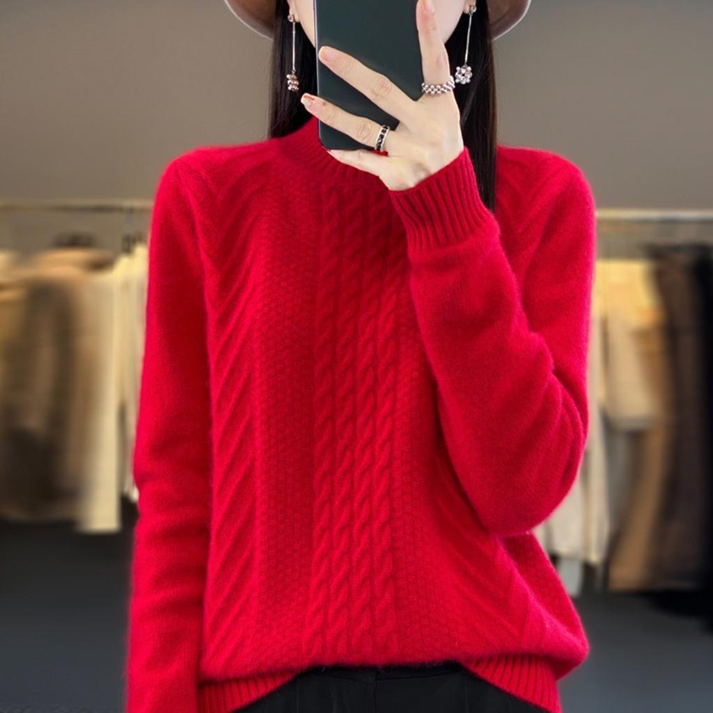 Retro Twist Sweater for Women In Autumn and Winter Solid Color Half Turtleneck Pullover Wide Soft Casual Knitted Sweater