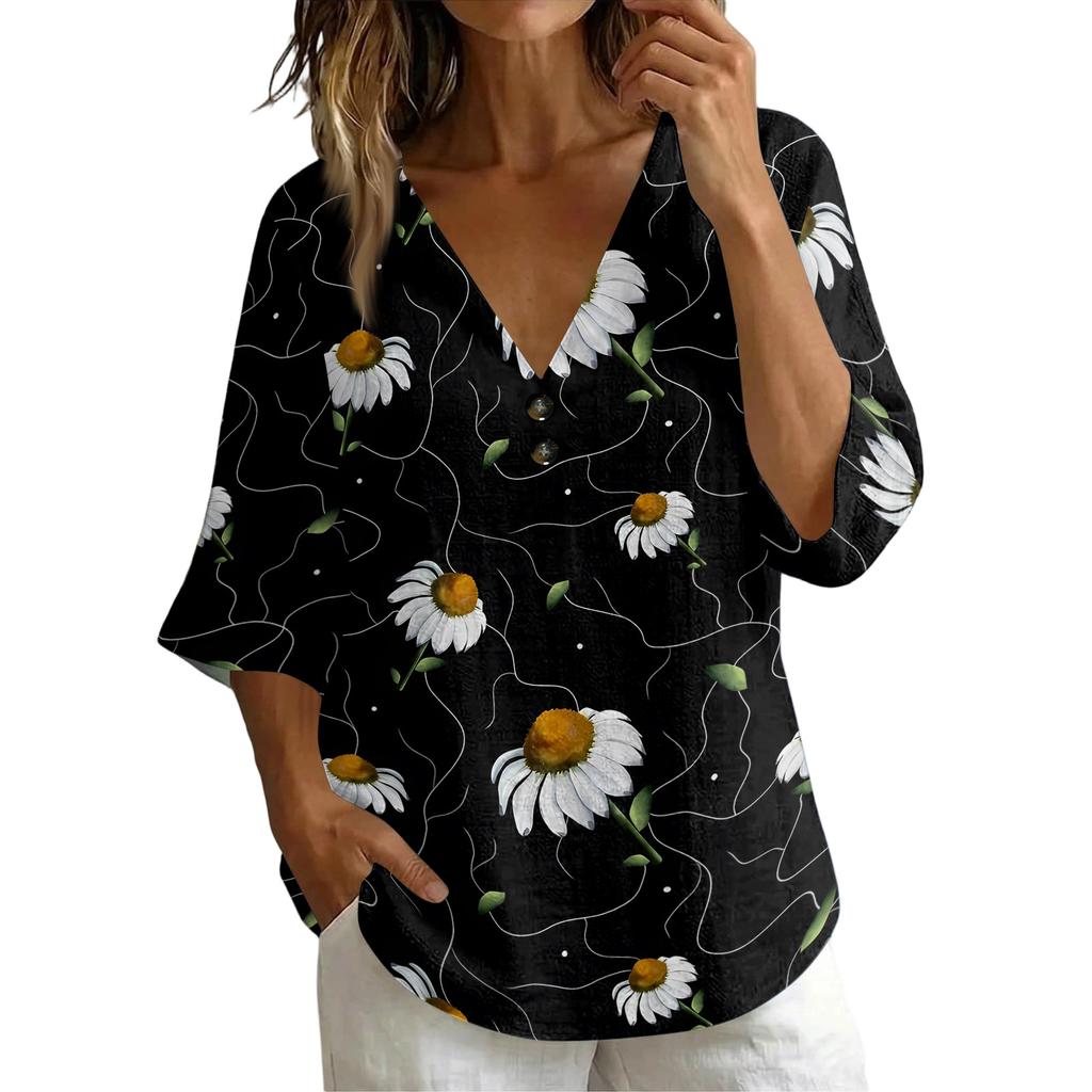 Women V Neck Vintage Floral Print Loose Fit Short Sleeve T Shirt Button Detail Linen Blend Fabric Casual Top for Daily Wear