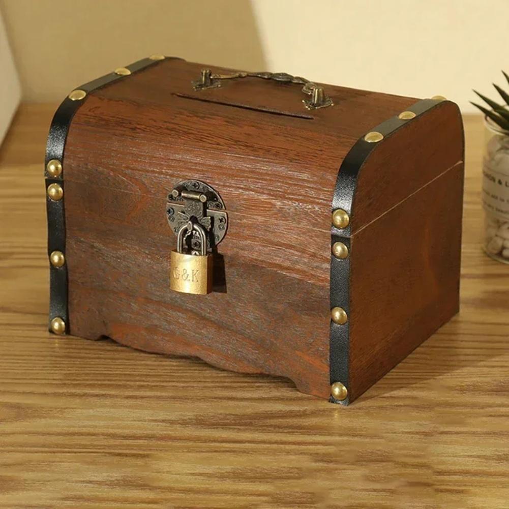 Retro Wooden Treasure Chest Piggy Bank with Lock Secure Coin Storage Box for Home Decor and Personal Valuables