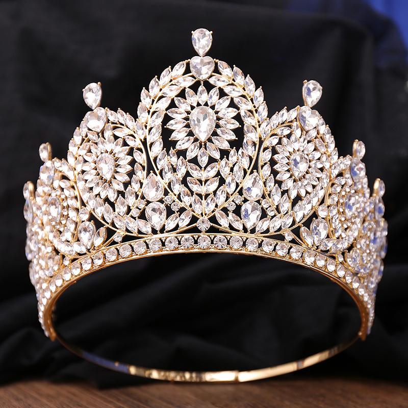 Luxury Royal Queen Green Wedding Crown Rhinestone Big Tiara Party Show Hair Jewelry for Pageant High Diadem Bridal Gifts