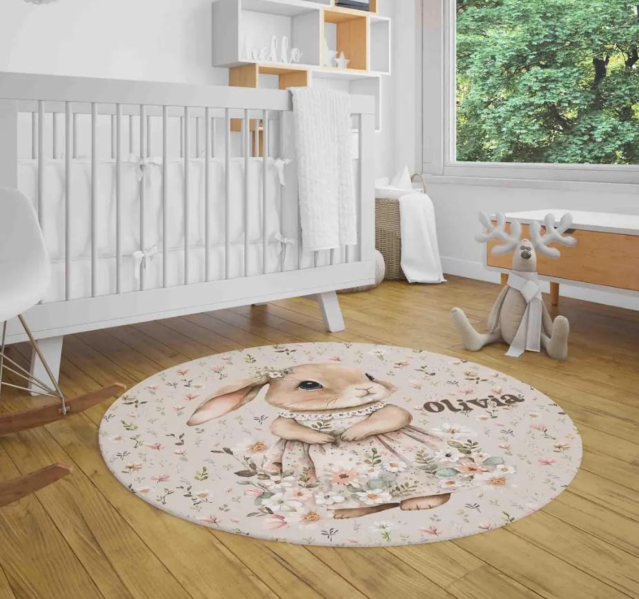 Rabbit Round Carpet Cartoon Rabbit Flower Printed Rug Living Room Bedroom Dressing Table Mat Home Decoration