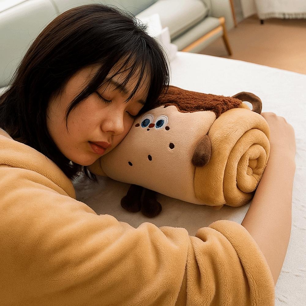 Cozy 2 In 1 Foldable Roll Blanket Warm Plush Air Conditioning Blanket Handheld Cartoon Nap Blanket Lunch Break