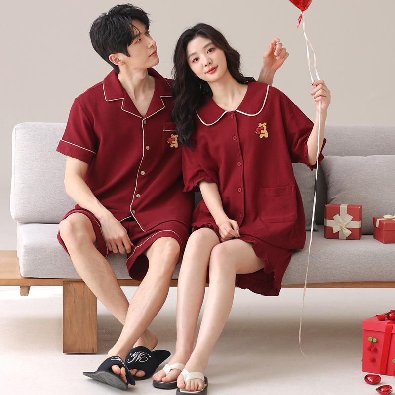 Red Cotton Couple's Pajamas Set: Short-Sleeve Cardigan & Shorts - Wedding & Year of the Rat Theme