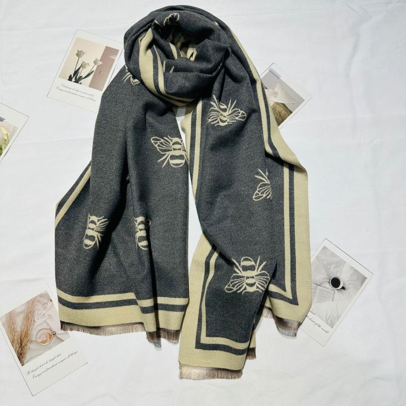 New Simple Bee Pattern Scarf for Women High End Double-sided Pattern Versatile Warm and Thickened Shawl Korean Style Shawl