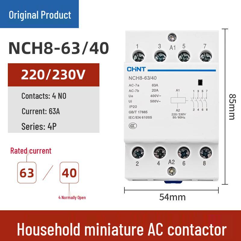 Chint Single-Phase AC Contactor NCH8-20/20, 20A, 240V, 2P, DIN Rail Mount
