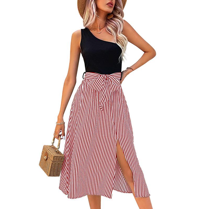 Summer New Women's Clothing Shoulder Striped Splicing Dress