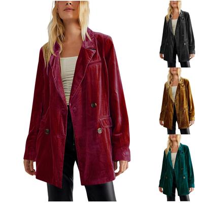 Damenmode Casual Gold Samt Knopf Tasche Jacke V-Ausschnitt Anzug Jacke