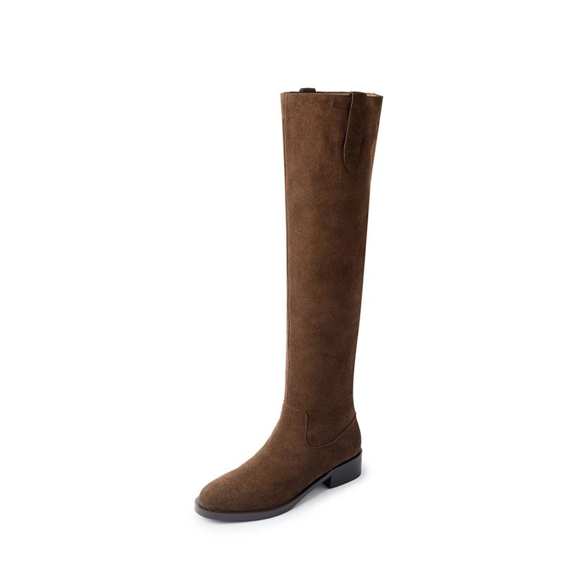 Soft! Round head thick heel women's boots women's but knee gray knight boots women's pile boots cow flip versatile medium heel tide