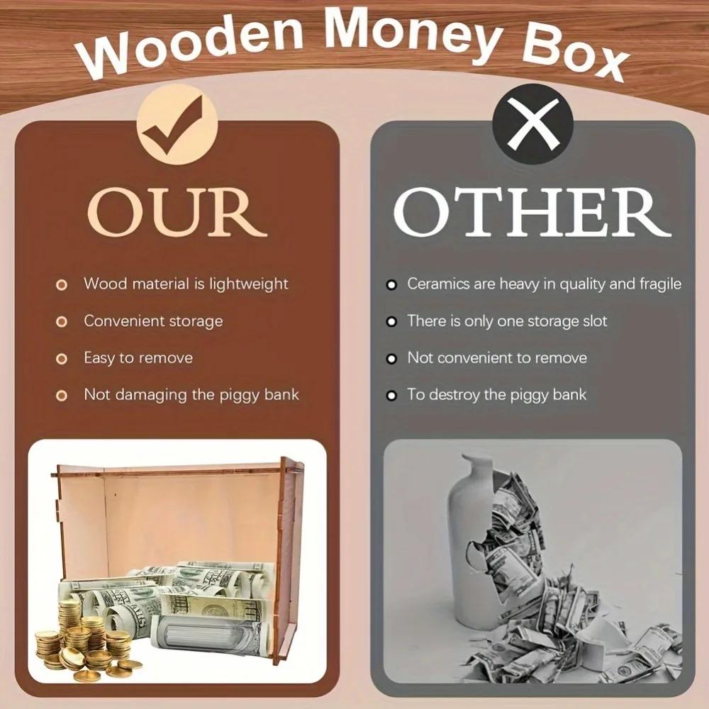 Euro Dollar Saving Money Box Handmade Wooden Cash Vault Piggy Bank with Money Goals Numbers for Kids Adults Gifts