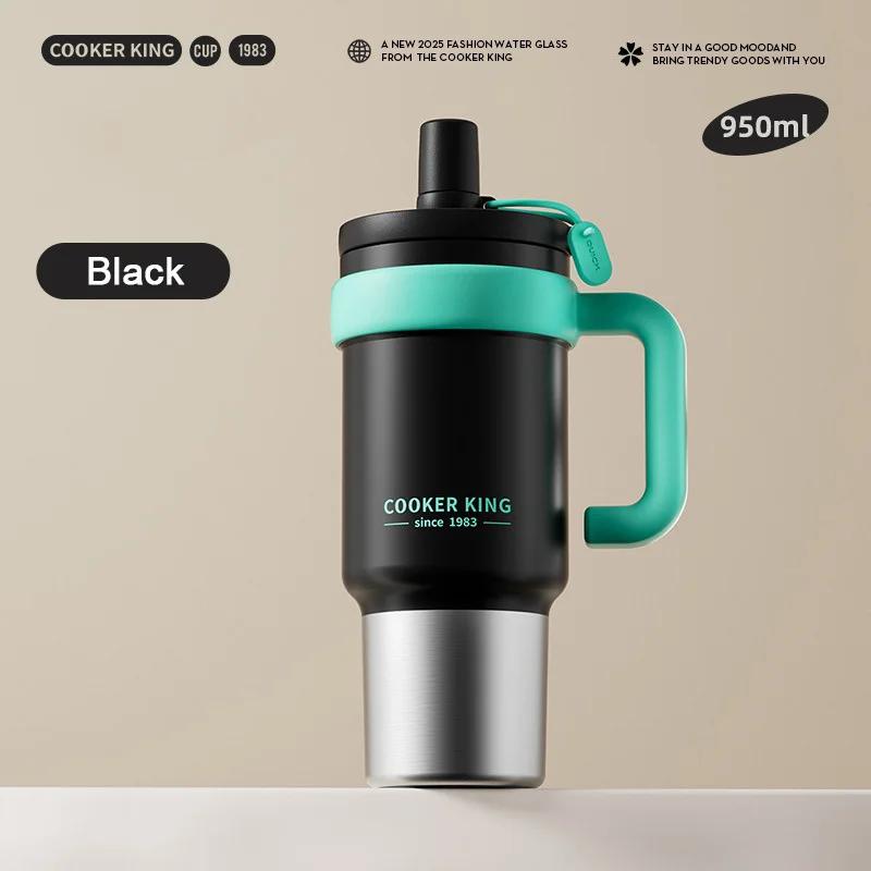 COOKER KING 950ml Stainless Steel Insulated Cup Straw Thermos Cup Large Capacity Travel Car Coffee Mug for Hot or Cold Drinks