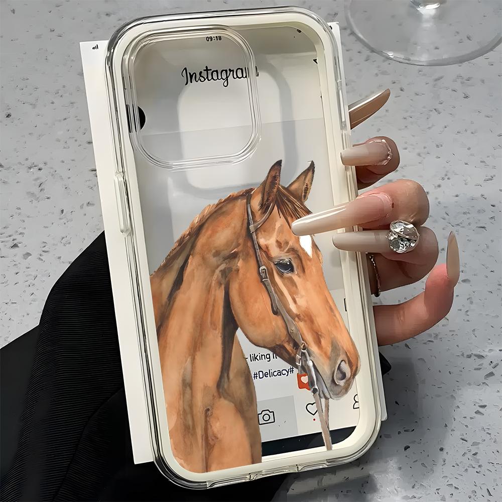Retro Watercolor Horse Pattern Clear Phone Case For iPhone 17Air 16 15 14 13 12 11 Pro Max 14 Plus 2 In 1 Candy Color Soft Cover