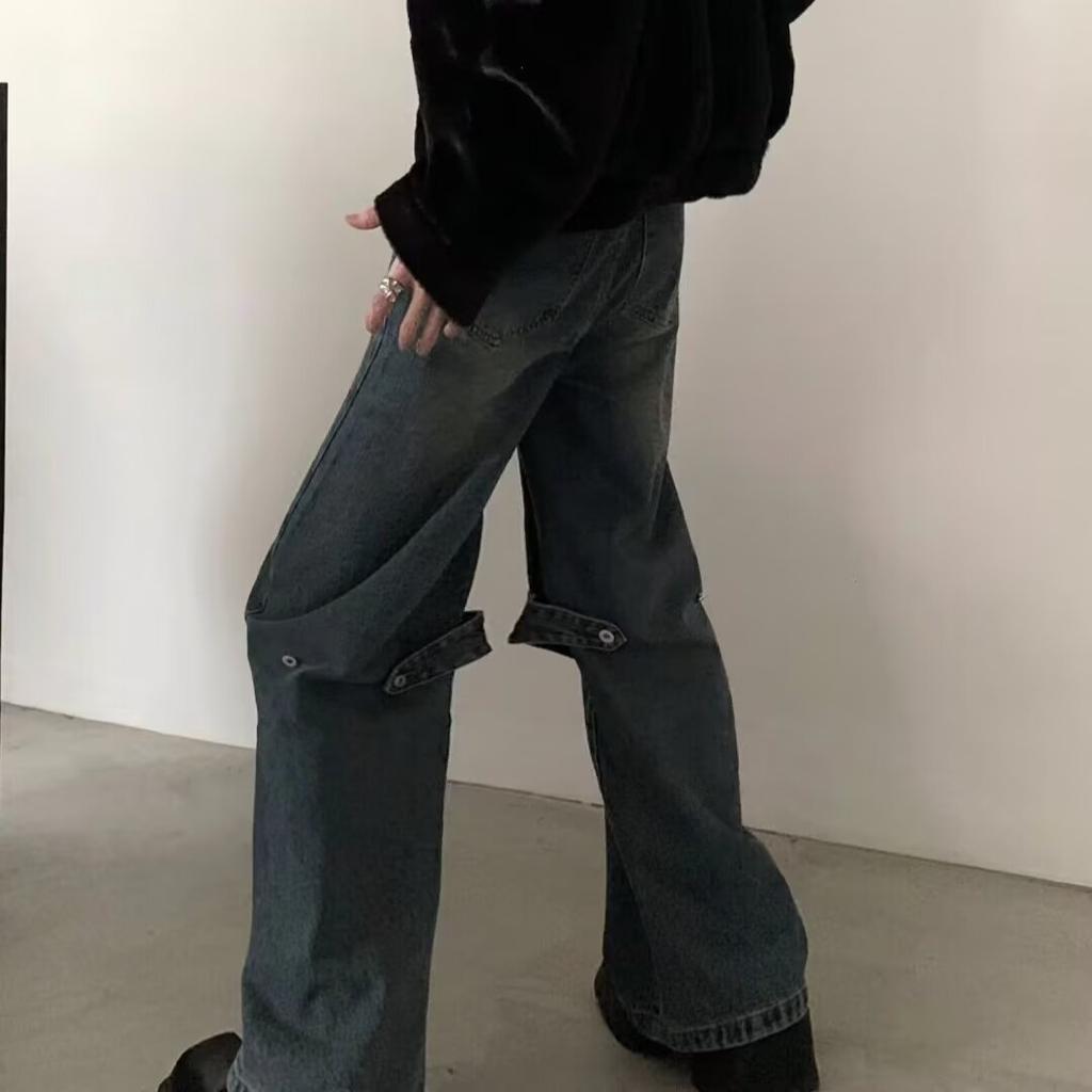 JYL Men's Flare Jeans Vintage Washed Structured Metal Zip Design Denim Pants