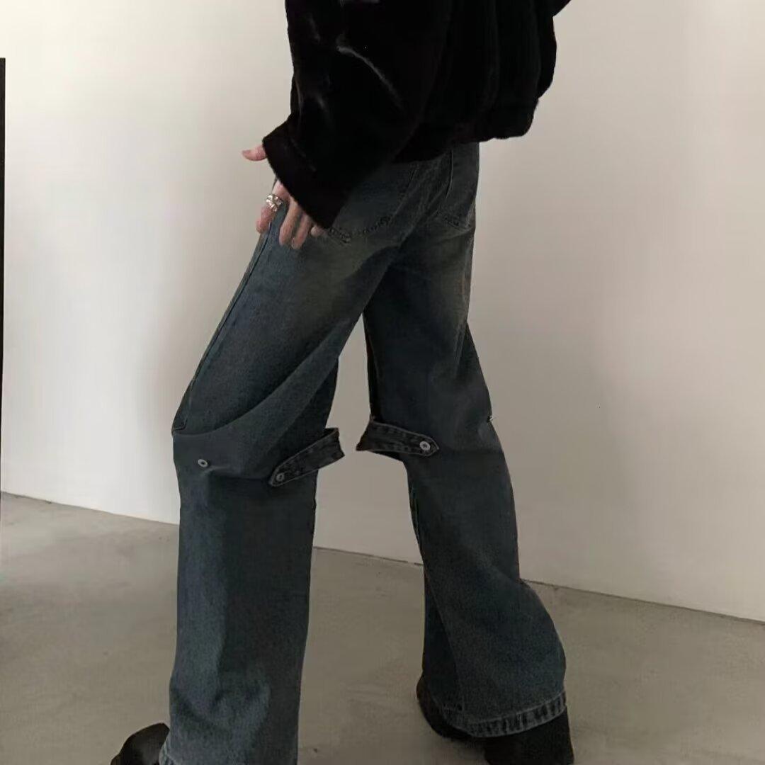 Джинсы клеш JYL для мужчин, винтажная стирка, структурированный дизайн, металлический замок, джинсовые брюки 2XL алиса синий