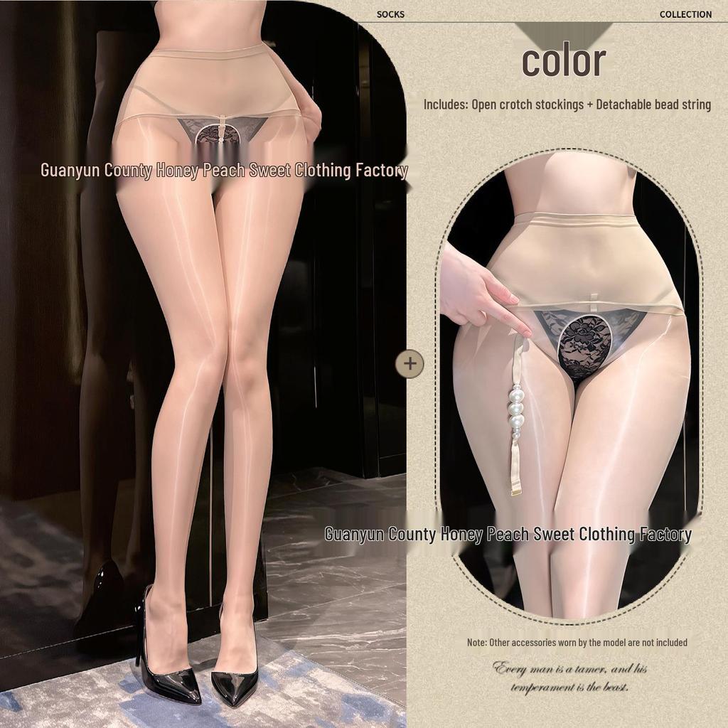 Aurora Black Open Crotch Stockings with Removable Pearl Massage Socks