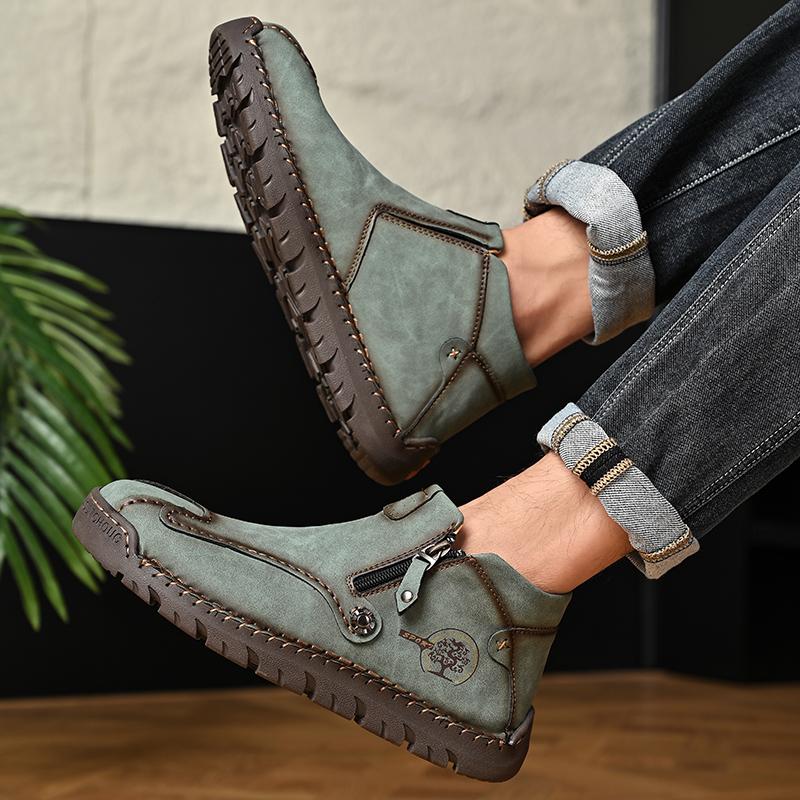 Spring Leather Men Short Boots Autumn Lace up Flats Medium top Shoes Outdoor Male Breathable Casual Shoes Handmade Mens Boots