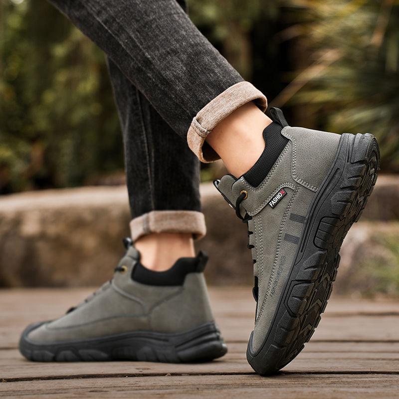 Fashion Men's Shoes 2025 Spring New High Top Leather Casual Sports Shoes Fashionable British Style Thick Soled Anti Slip Work Boots