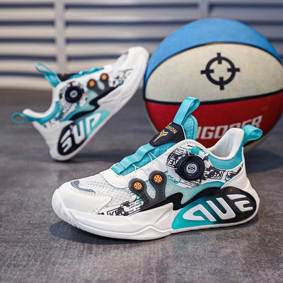 New Double Mesh Ice Silk Breathable Classmate Fashion Sports Shoes Medium and Older Children's Casual Rotating Button Cushioning Basketball Shoes