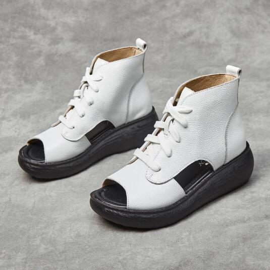 Sandalias de verano de cuero genuino, piel de vaca, suela gruesa, puntera abierta, zapatos de plataforma planos con agujeros, botas romanas frescas para mujer C286