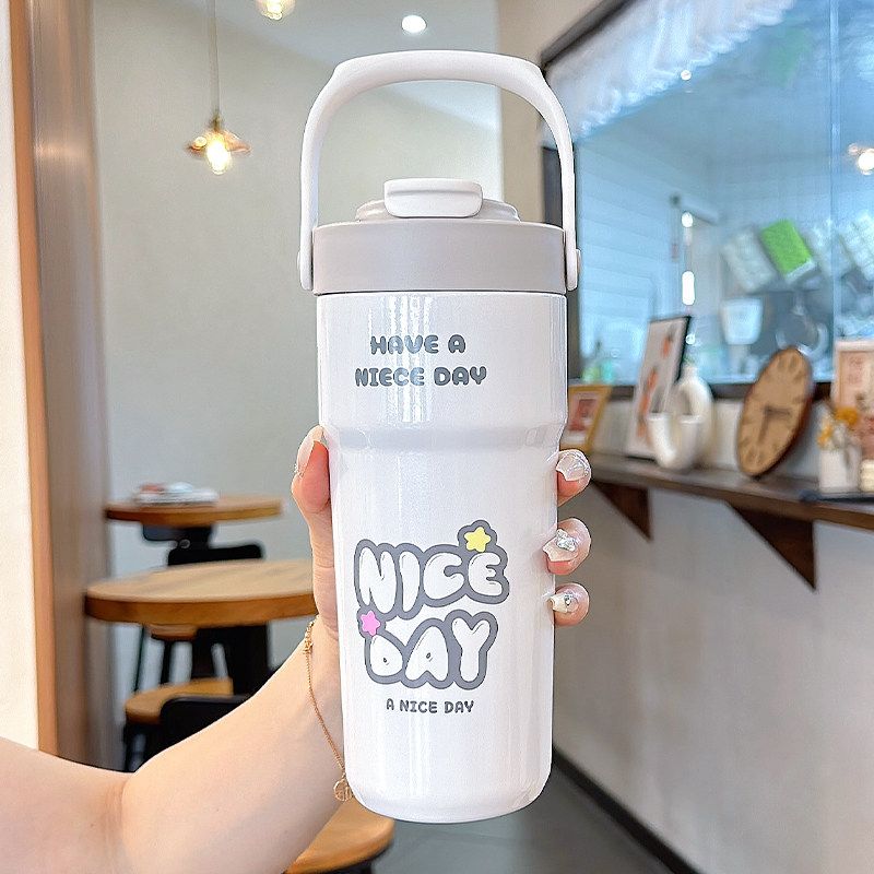 Large Capacity Thermos Cup for Women, New 2024 Model, Stylish Student Straw Cup, Dual-Use Coffee Cup, Portable