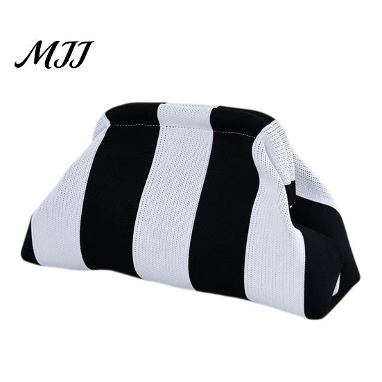 Daily Travel Toiletry Organizer Snap Shut Makeup Bag, Striped Knitted Clutch Pouch, Stylish Small Cosmetic Pouch for Purse Wide Open Brushes