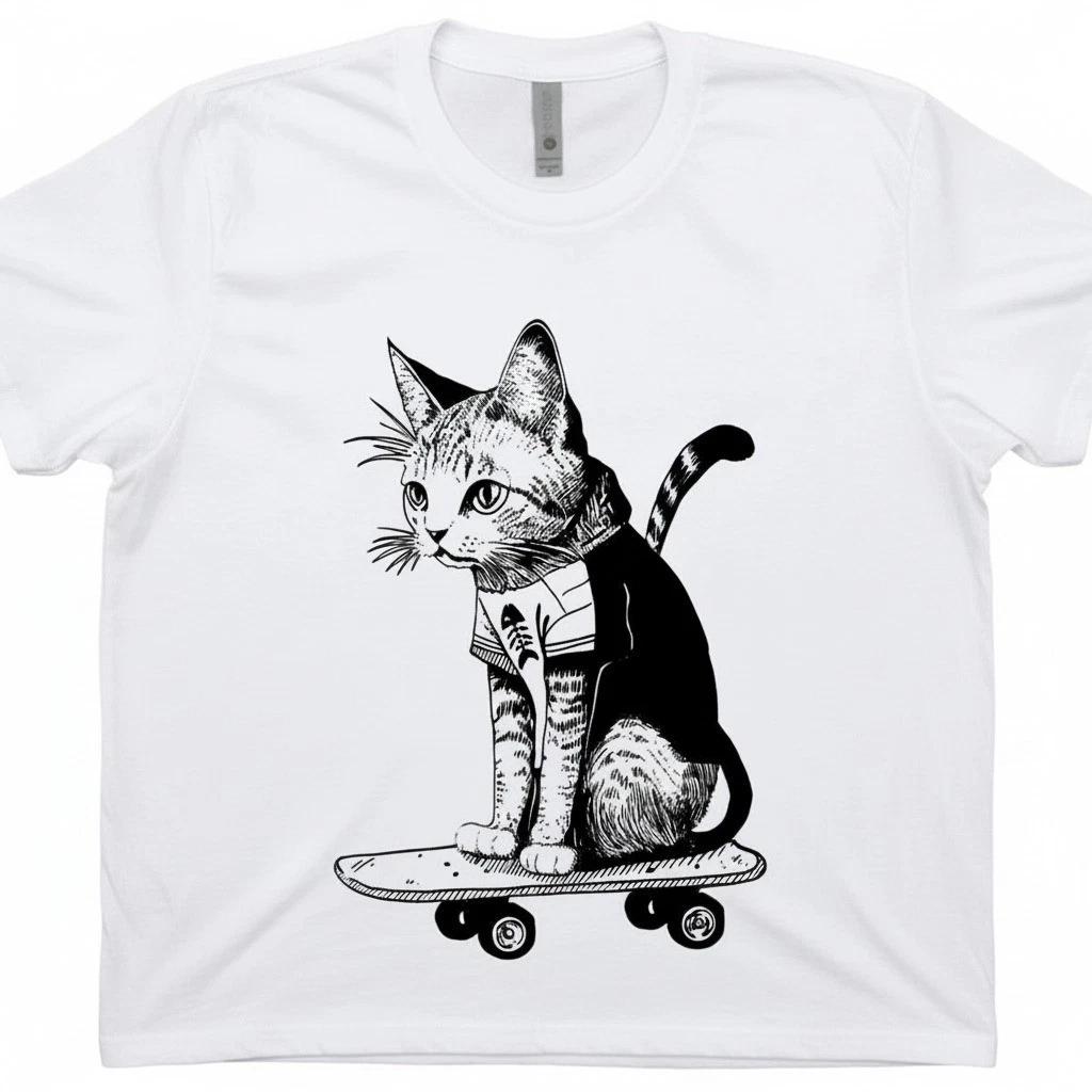 Unisex Adult Funny Graphic Skateboard Cat Fny Graphic T-Shirt Skate... S