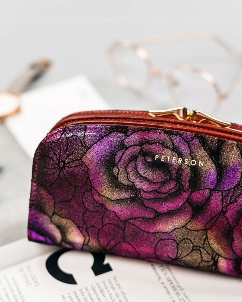 Large, Roomy Wallet Made of Genuine Leather with a Floral Pattern - Peterson