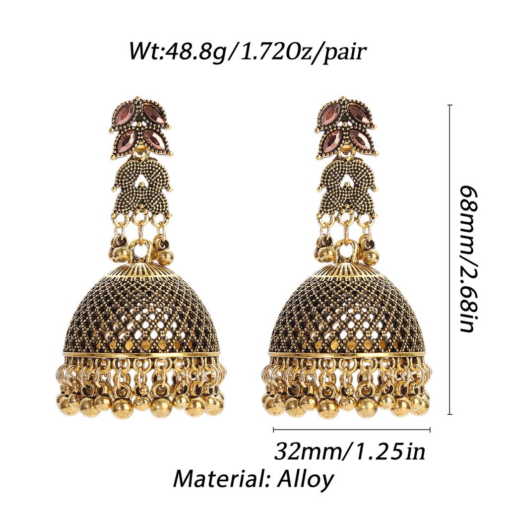 Ethnic Gold Color Big Bell Dangle Earrings for Women Vintage Jewelry Pink Zircon Hollow Bells Carved Earrings Indian Earrings