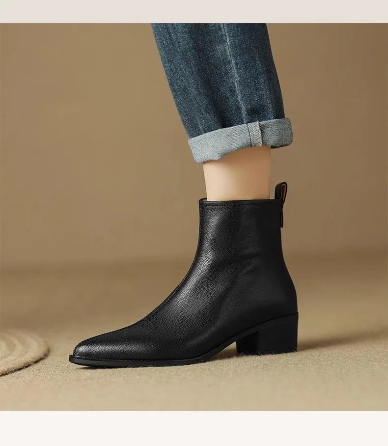 Fashion 2025 Black Leather Women Ankle Boots Side Zipper Decor Flats Chelsea Botas Mujer Vintage Brown Autumn Knight Botines Femmes