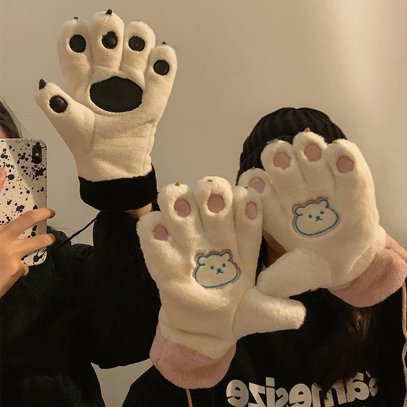 Student Padded Thickened Gloves Cold Winter Cycling Gloves Cartoon Cute Bear Paw Cat Claw Plush Gloves Women's Hanging Neck Large Size Gloves