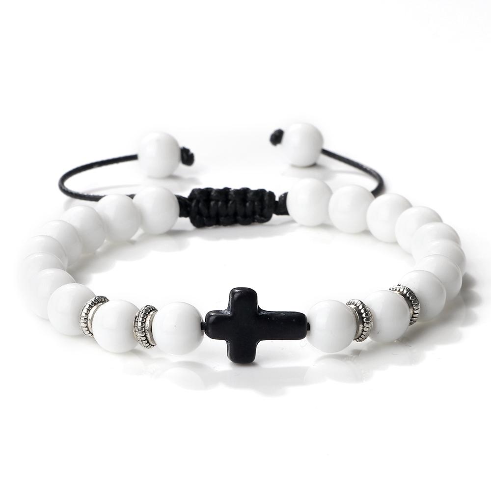 Men Women Braided Bracelet 8MM Natural Stone Christian Bless Jesus Cross Hematite Bead Bracelets Bangles Prayer Handmade Jewelry