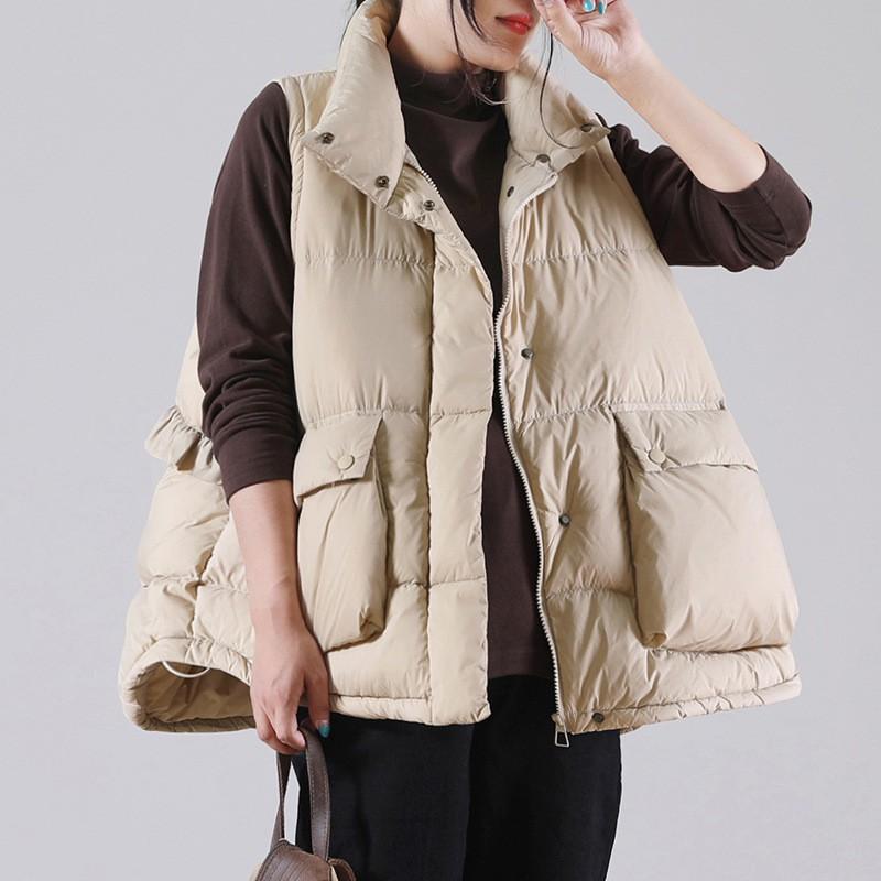 Womens Lightweight Duck Down Vest With Ruffled Hem Large Pockets Warm Fall Winter Sleeveless Jacket